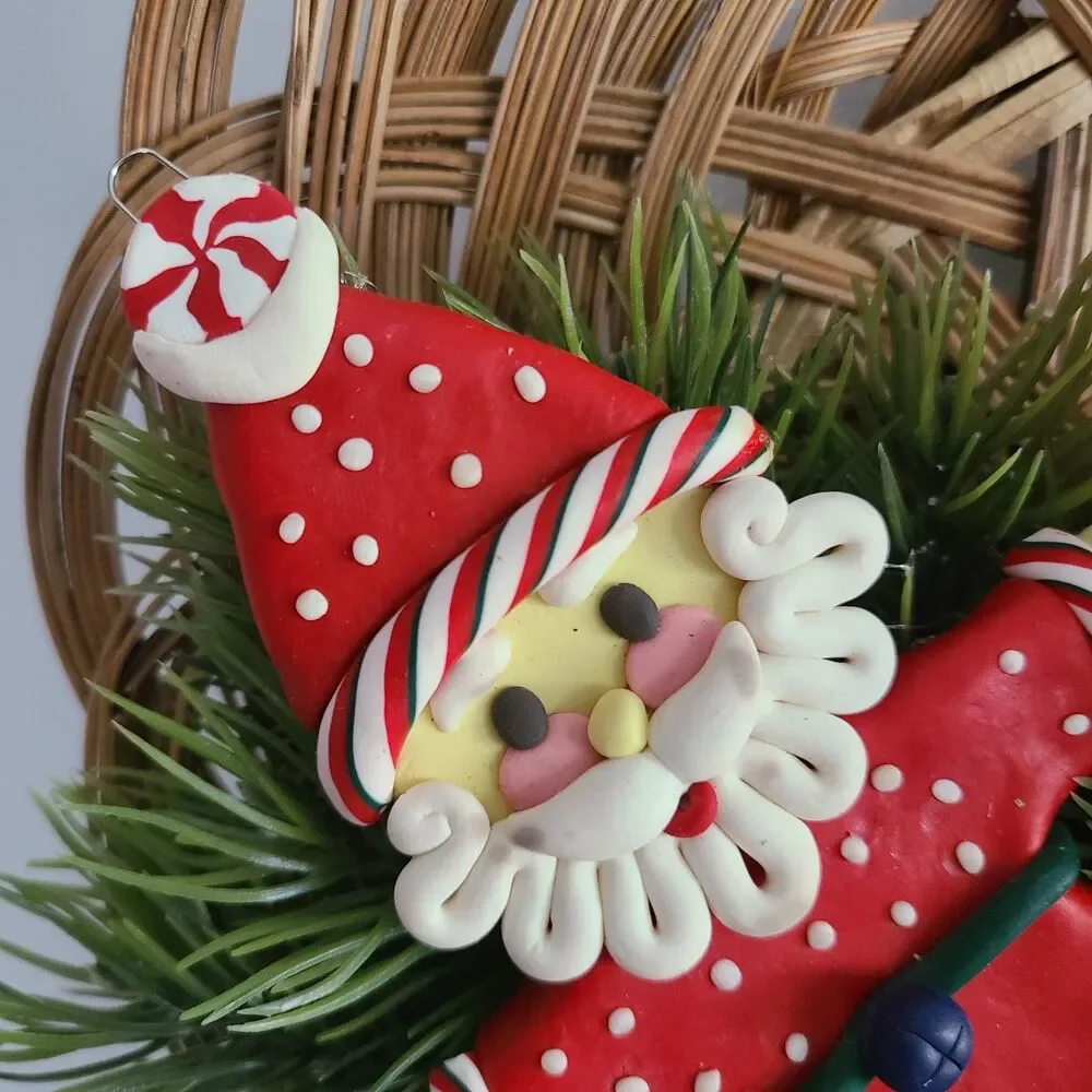 Vintage Wicker Christmas Wreath Wall Hanging With Clay Santa + Greenery + Ribbon